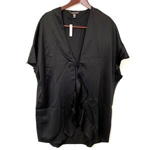 Victoria's Secret Sleep Shirt Womens OS Black Satin Robe Top Tie Front NEW